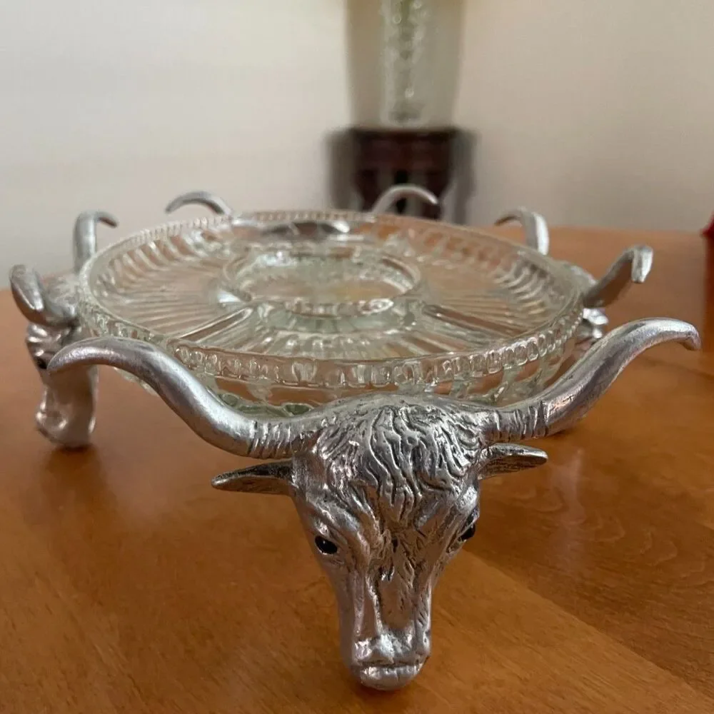 Arthur Court? Texas Bull Longhorn Cow Glass Eyes Serving Dish &Insert Signed Vtg
